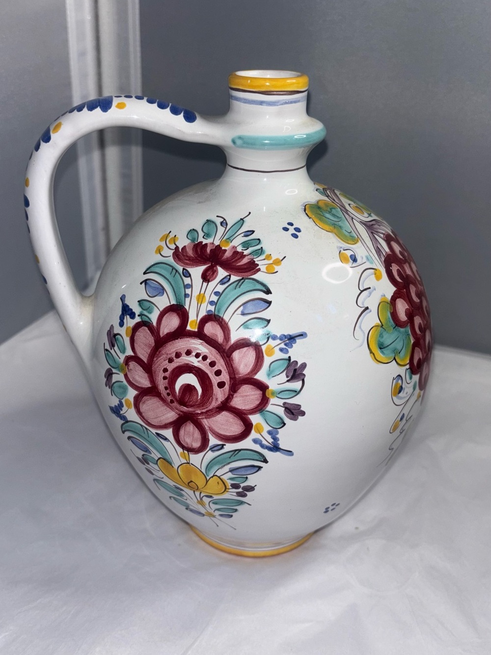 Hand-Painted Floral Ceramic Jug in White with Red and Turquoise Accents Slovakia